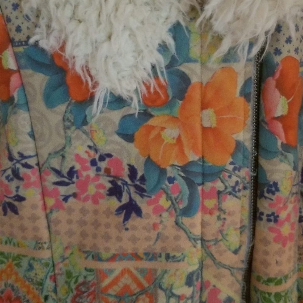 Johnny Was Colorful Floral Patchwork Jacket with Cream Fur - Picture 2 of 5